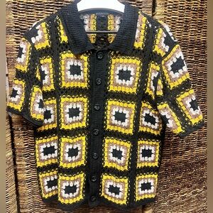 Norsecode-Mens Crochet Button Down Shirt - Black, Yellow, Cream,‎ Medium
